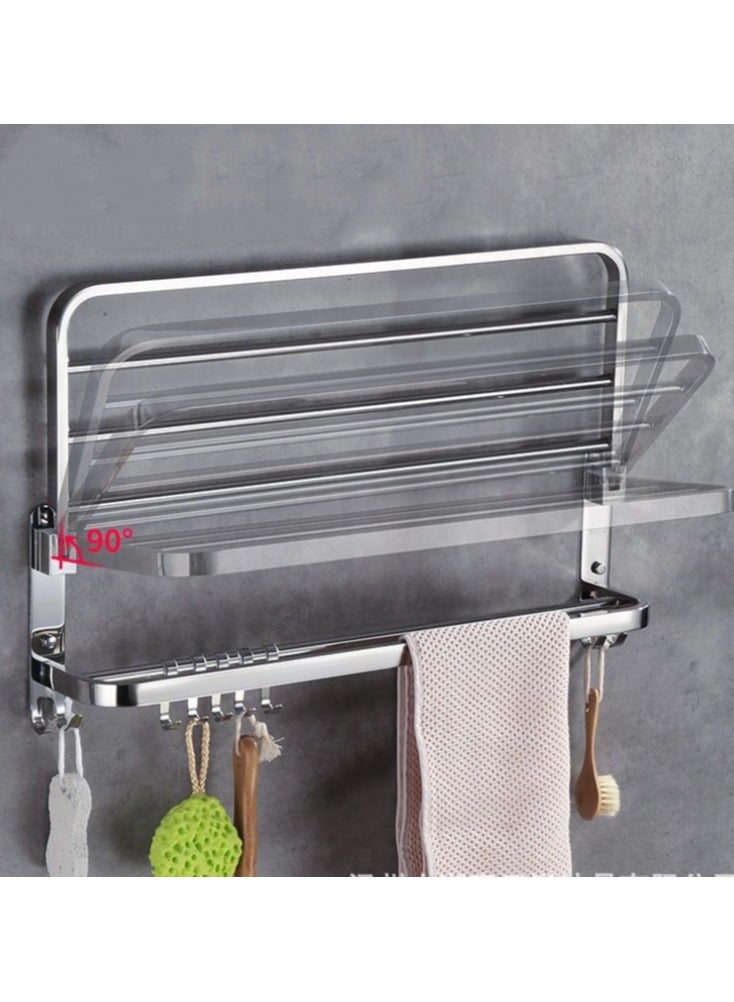 Bathroom Towel Rack, Towel Shelf with Two-Tier Architecture, Folding Towel Bars Wall Mount Holder, 5 Removable Hooks and Adjustable Towel Bar, Toilet Bathroom Bath Towel Cleaning Tools Holder  - Image 3