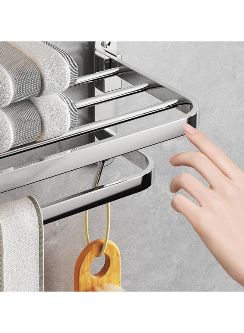 Bathroom Towel Rack, Towel Shelf with Two-Tier Architecture, Folding Towel Bars Wall Mount Holder, 5 Removable Hooks and Adjustable Towel Bar, Toilet Bathroom Bath Towel Cleaning Tools Holder  - Image 4