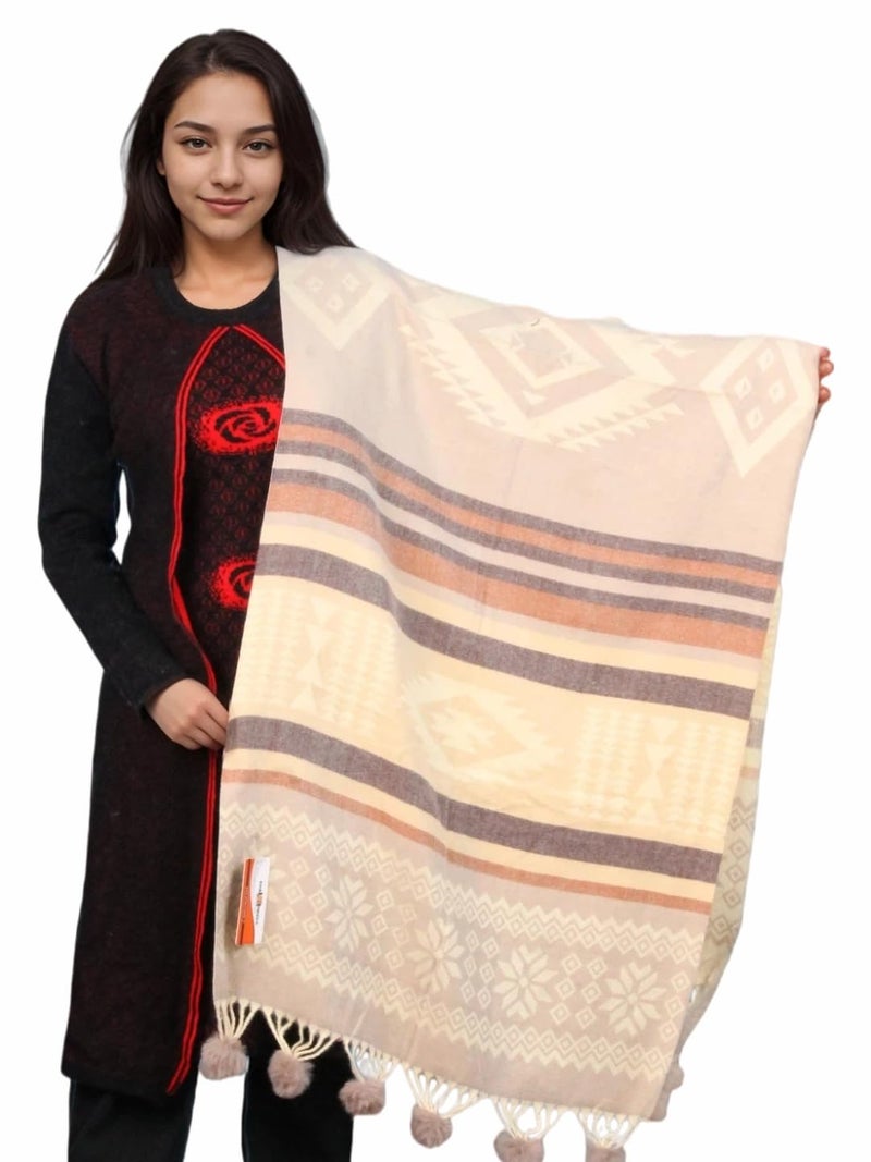 Pick Ur Needs Women's Soft Plaid Shawl Wrap Scarf with Pom Poms Warm Blanket Stole Fashionable Winter Gift for Ladies (Light Brown 2) - Image 1