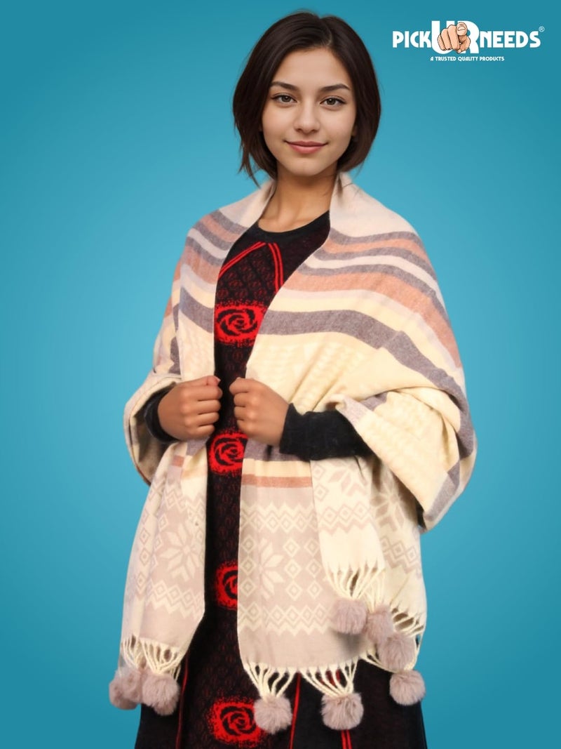 Pick Ur Needs Women's Soft Plaid Shawl Wrap Scarf with Pom Poms Warm Blanket Stole Fashionable Winter Gift for Ladies (Light Brown 2) - Image 3