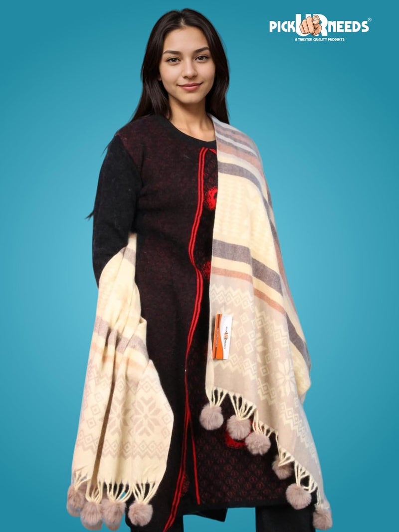 Pick Ur Needs Women's Soft Plaid Shawl Wrap Scarf with Pom Poms Warm Blanket Stole Fashionable Winter Gift for Ladies (Light Brown 2) - Image 4