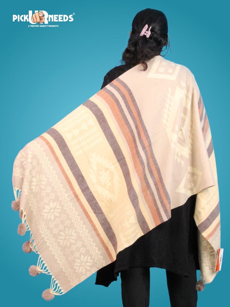Pick Ur Needs Women's Soft Plaid Shawl Wrap Scarf with Pom Poms Warm Blanket Stole Fashionable Winter Gift for Ladies (Light Brown 2) - Image 2