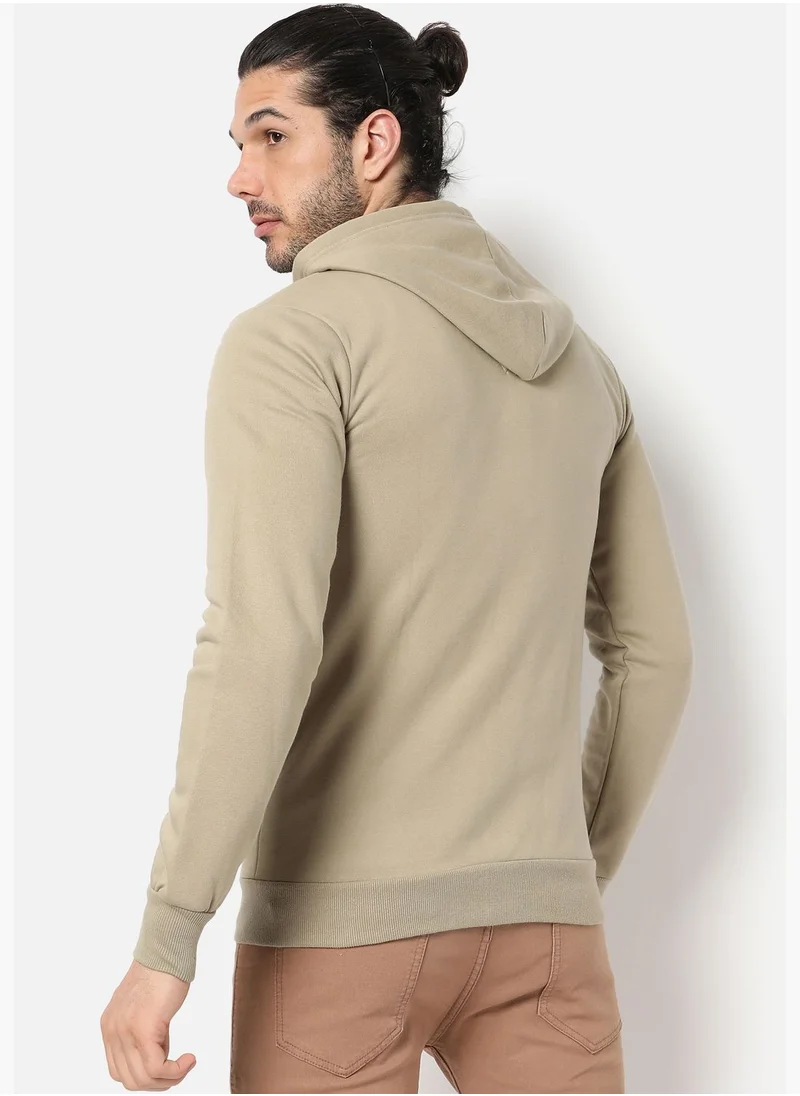 Campus Sutra Men Light Olive Solid Hooded Sweatshirt