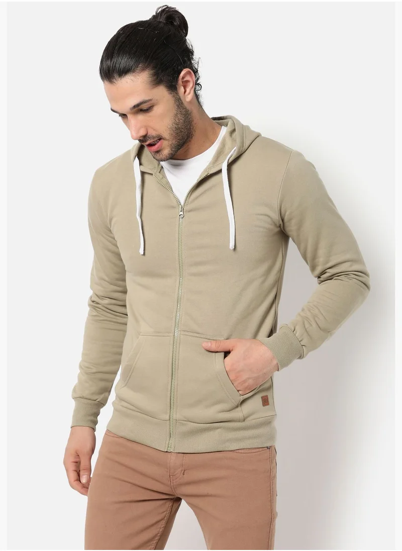 Campus Sutra Men Light Olive Solid Hooded Sweatshirt
