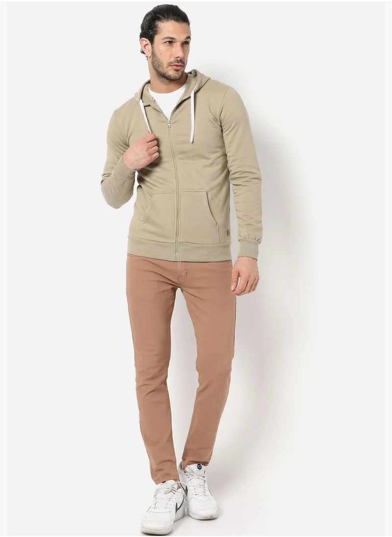 Campus Sutra Men Light Olive Solid Hooded Sweatshirt