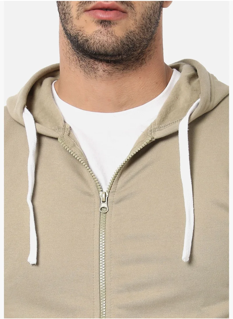 Campus Sutra Men Light Olive Solid Hooded Sweatshirt