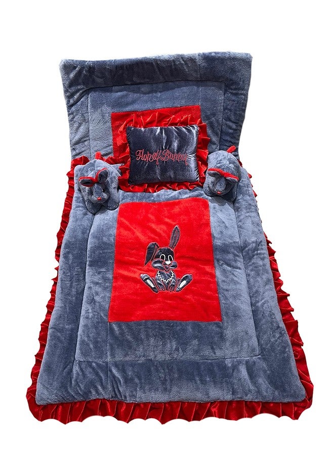 PINKS & BLUES Full Sleeping 5 Piece Baby Bedding Set with 2 Rabbit Shape Side Pillows (0-42 Months) (RED Grey) - Image 1