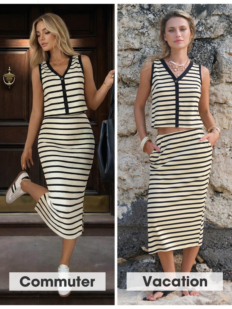 EXLURA Women's Cotton 2 Piece Skirt Set V Neck Faux Button Tank Tops Matching High Waist Midi Skirt Pockets Vacation Outfits - Image 2