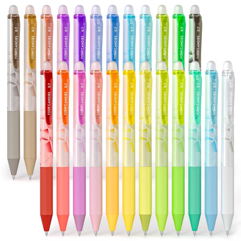 Four Candies 0.7mm Erasable Gel Pens, Make Mistakes Disappear Colored Pens, 24 Colors Retractable Fine Point Erasable Pens for Writing, Drawing, Planner & School Supplies - Image 1