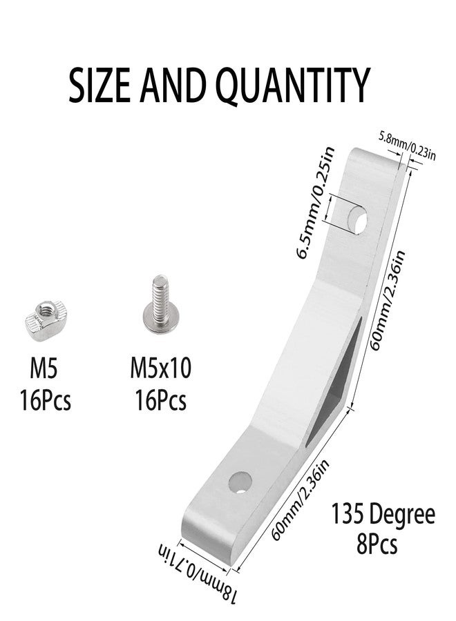 Rrina 8Pcs 135 Degree Angle Aluminum Profile Corner Bracket Joint Braces Connectors with Screws T-Nuts (2020 Series) - Image 2