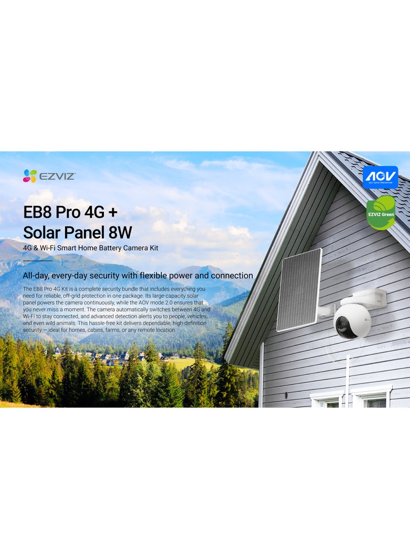 EZVIZ EB8 Pro 4G Kit 4K Outdoor Security Camera, 4G LTE + Wi-Fi, Battery Powered with 8W Solar Panel, Pan & Tilt, AI Human/Vehicle Detection, Smart Auto-Tracking, Color Night Vision, Two-Way Audio, Active Defense Siren & Strobe, Weatherproof, microSD Card Support (Up to 512GB), SIM Card Support | CS-EB8/SP - Image 2