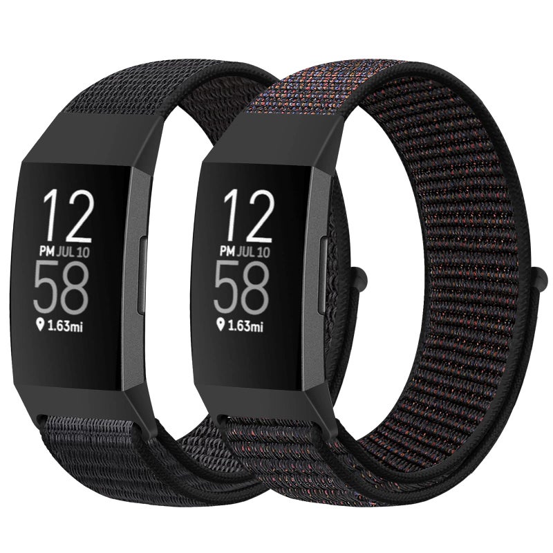 AVOD Nylon Watch Bands Compatible with Fitbit Charge 4/Charge 3/SE, Soft Replacement Wristband Breathable Sport Strap with Band for Women Men (Dark Black+Official Black) - Image 1