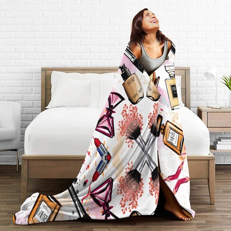 Wisedeal Cosmetic and Makeup Theme Blanket Comfort Print Flannel Throw Blanket Daughter Mom Friend Aunt Girlfriend for Couch Sofa Chair Bed Office Adults Women Girl Decorative Gift 50x 60 - Image 4