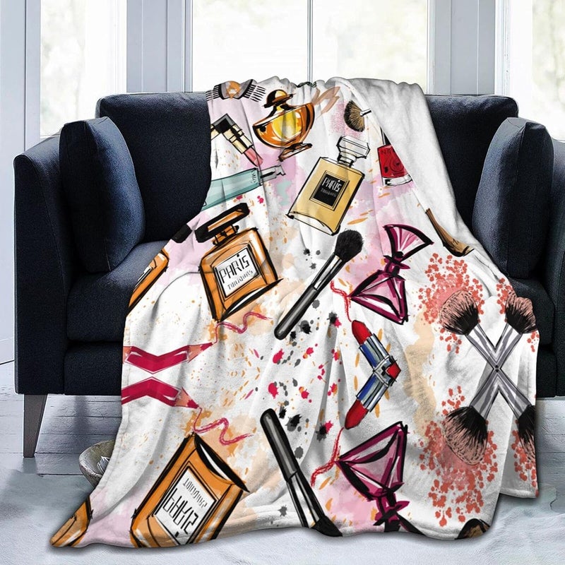 Wisedeal Cosmetic and Makeup Theme Blanket Comfort Print Flannel Throw Blanket Daughter Mom Friend Aunt Girlfriend for Couch Sofa Chair Bed Office Adults Women Girl Decorative Gift 50x 60 - Image 1