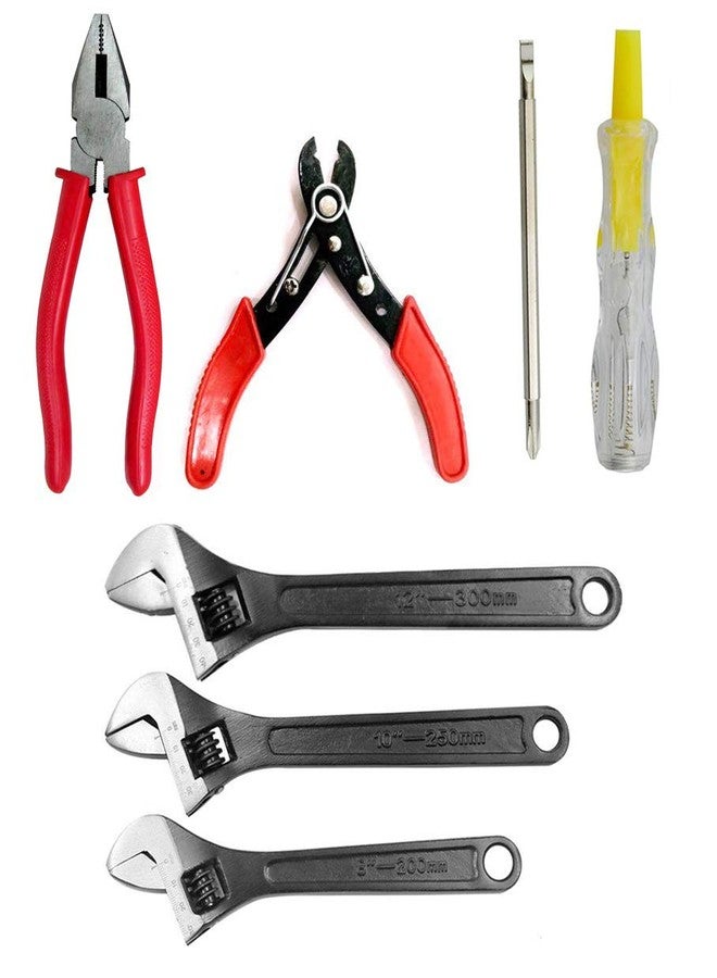 MLD Adjustable Spanner Wrench Size (8, 10, 12 mm) Hand Tool Kit Set Combo + 8 inchs Combination Plier + Line Tester +/- and Wire stripper cutter(Material Metal and Plastic) (Multicolor) Pack of 1 - Image 1