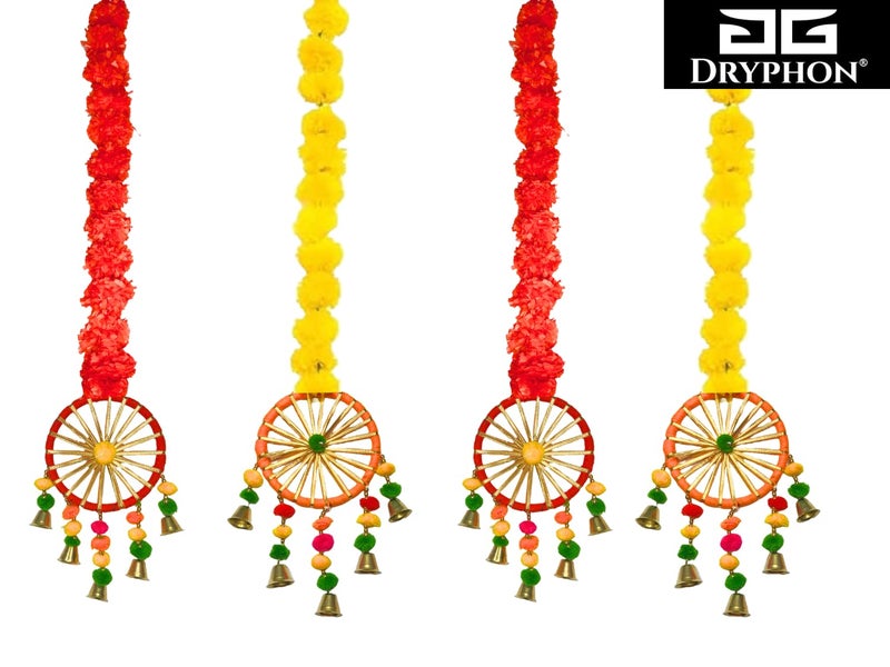 DRYPHON Artificial Marigold Flowers with Pom Pom Ring Bell Hanging Garlands for Home, Diwali & Wedding Decoration (Pack of 4) - Image 4