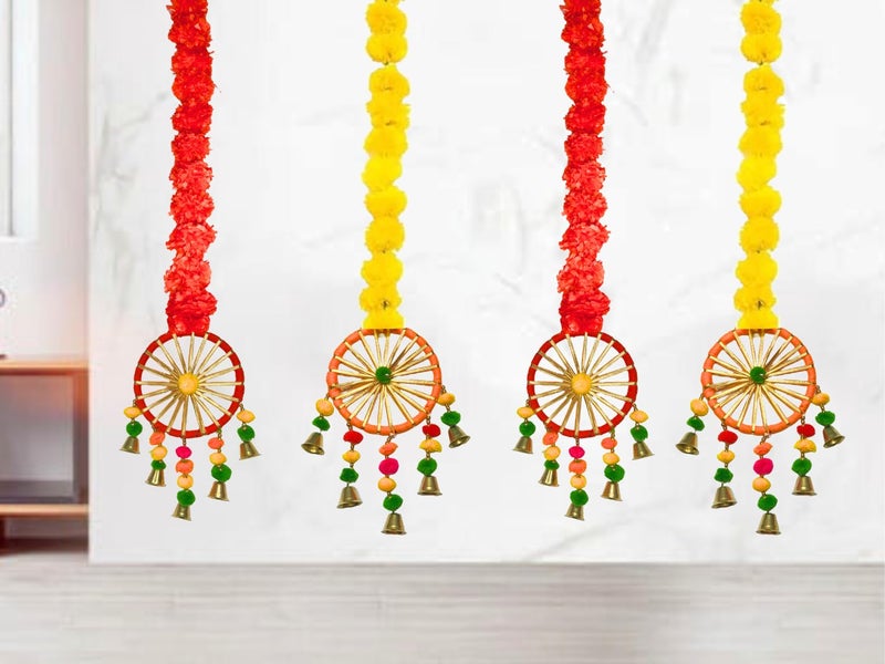 DRYPHON Artificial Marigold Flowers with Pom Pom Ring Bell Hanging Garlands for Home, Diwali & Wedding Decoration (Pack of 4) - Image 1
