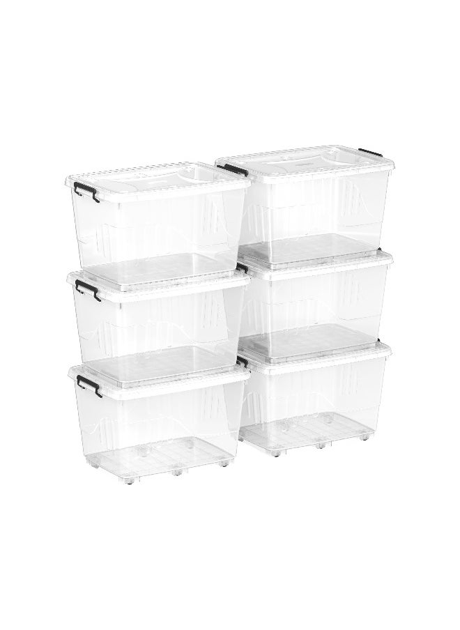 Cosmoplast 82L Clear Plastic Storage Set of 6 Box with Wheels & Lockable Lid  - Image 1