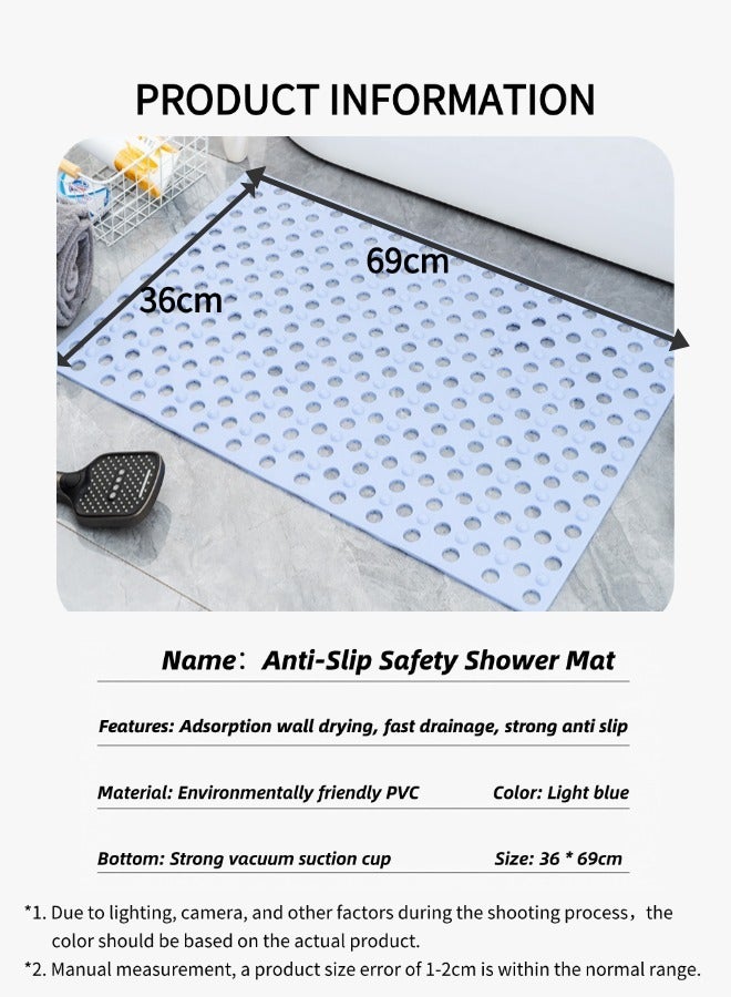 سجادة استحمام، وسادة تنظيف أقدام آمنة ومضادة للانزلاق، سجادة حمام مزودة بأكواب شفط وفتحات تصريف، سجادة تنظيف أقدام للحمام، تدليك للقدمين، مناسبة للحمام والمطبخ وحمام السباحة والمناطق الرطبة (أزرق فاتح، 36*69 سم) - Image 2