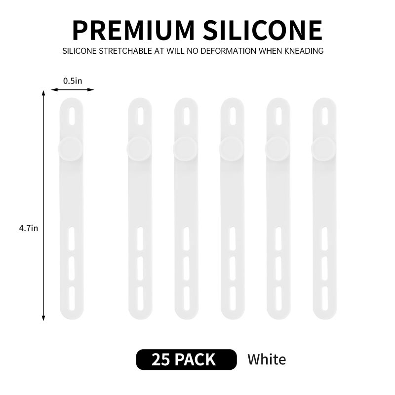 Oligei 25 Pcs Silicone Cable Ties, Cable Ties Reusable, High Elasticity Cord Wraps for Electrical Cords, Cord Organizer for Earphone, Phone Charger(White) - Image 2