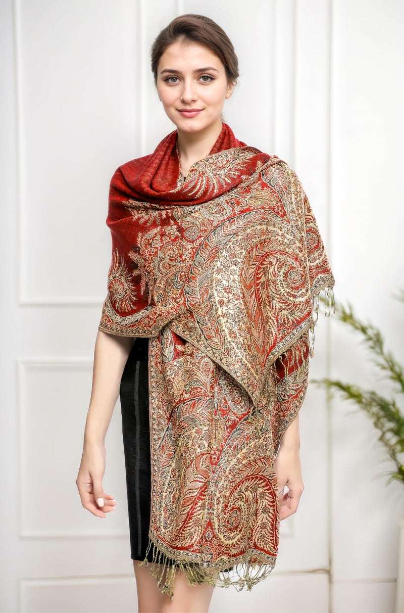 Achillea Luxurious Double Layered Jacquard Big Paisley Pashmina Shawl Wrap Scarf (Red) - Image 2