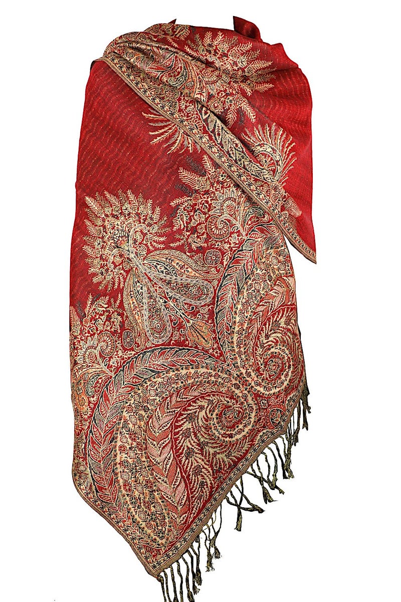 Achillea Luxurious Double Layered Jacquard Big Paisley Pashmina Shawl Wrap Scarf (Red) - Image 5