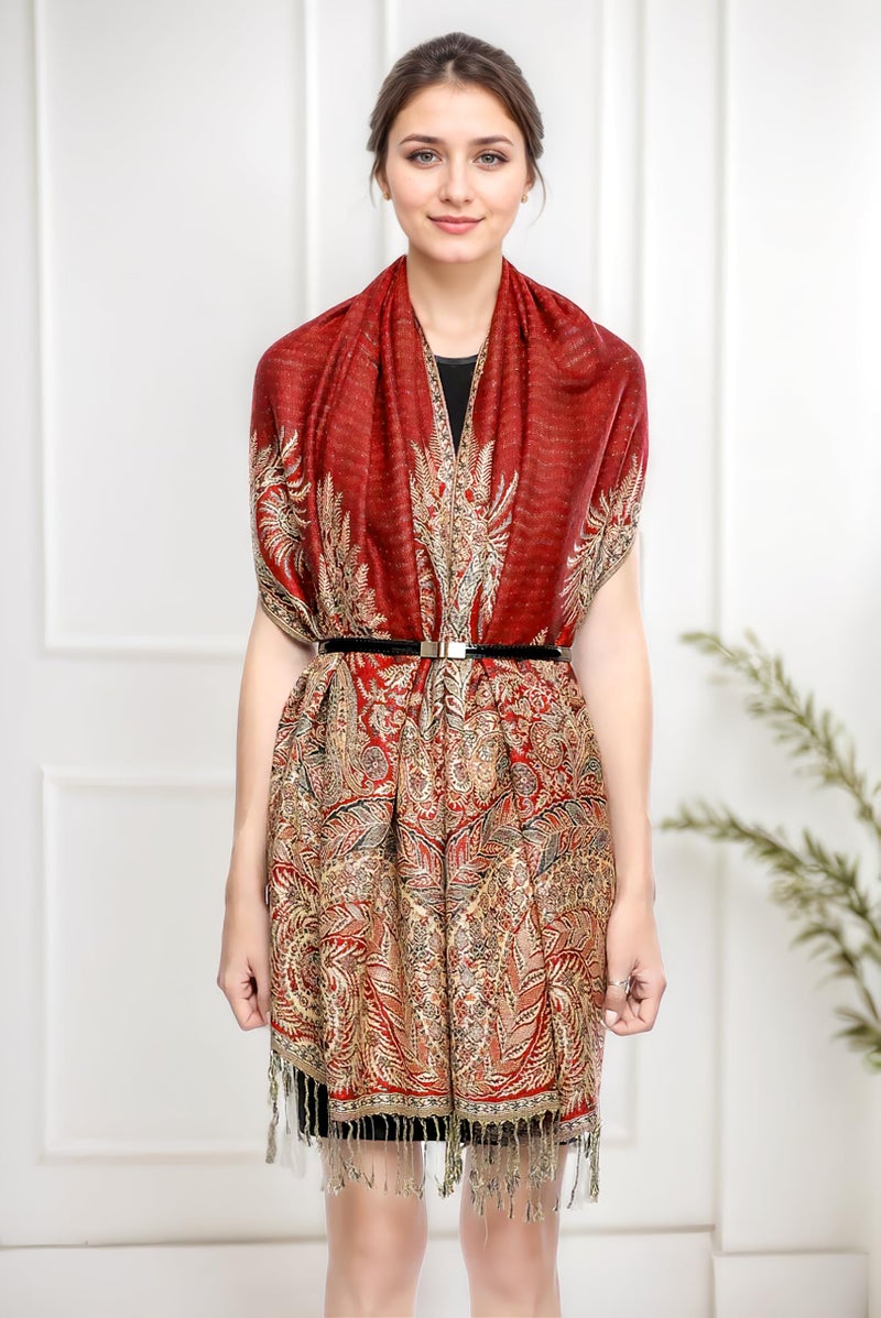 Achillea Luxurious Double Layered Jacquard Big Paisley Pashmina Shawl Wrap Scarf (Red) - Image 3