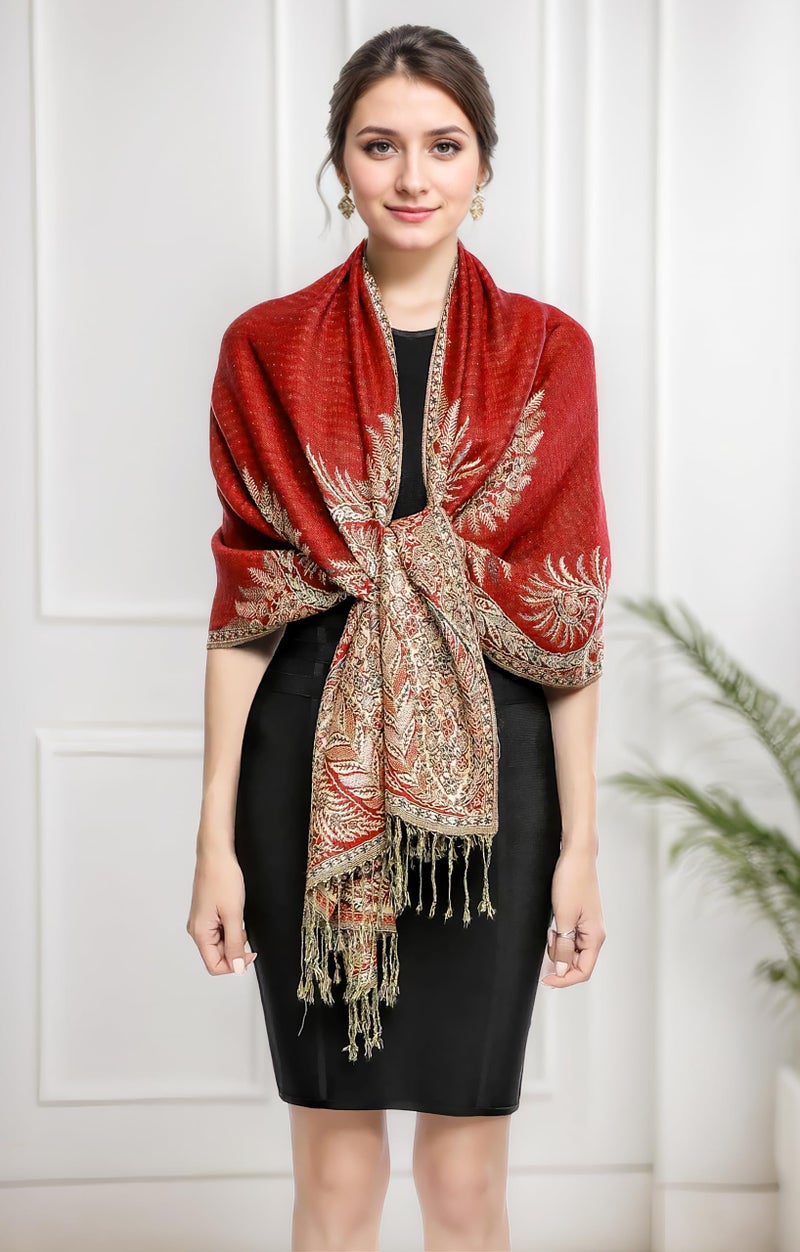 Achillea Luxurious Double Layered Jacquard Big Paisley Pashmina Shawl Wrap Scarf (Red) - Image 4