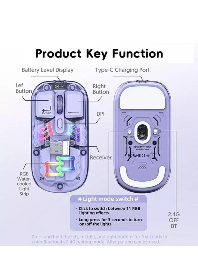 Forev Transparent Wireless Dual-Mode RGB Bluetooth Mouse Ergonomic Universal Hots Adjustable to 1600dpi / FV-T7 pink  - Image 4