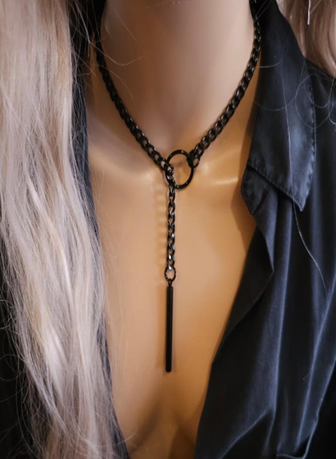 MIFYNN Black Bar Slip Chain Necklace for Women Stainless Steel Cuban Chain Heart Choker Necklaces Punk Rock Collar Necklace Handmade Adjustable Lariat Y Necklace for Men (Black bar) - Image 3