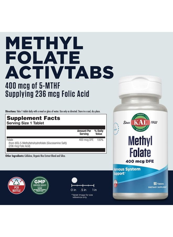 KAL - Methyl Folate 400 mcg DFE, 5-MTHF Active Form Vitamin B9, Folic Acid Supplement, Heart Health, Prenatal, Mood and Brain Support, Fast Dissolving ActivTab, 60-Day Guarantee, 90 Servings, 90 Tablets - Image 1