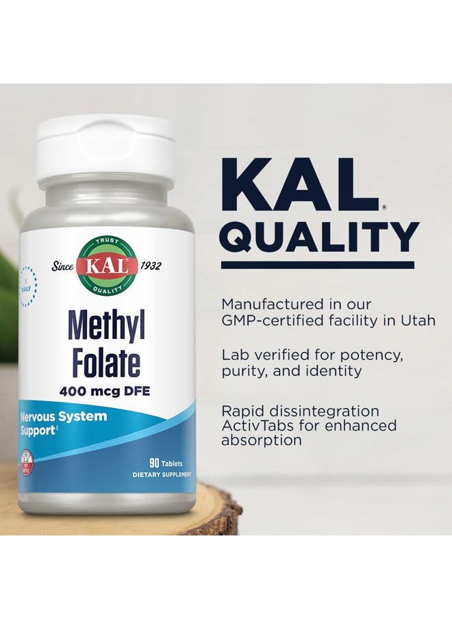 KAL - Methyl Folate 400 mcg DFE, 5-MTHF Active Form Vitamin B9, Folic Acid Supplement, Heart Health, Prenatal, Mood and Brain Support, Fast Dissolving ActivTab, 60-Day Guarantee, 90 Servings, 90 Tablets - Image 1
