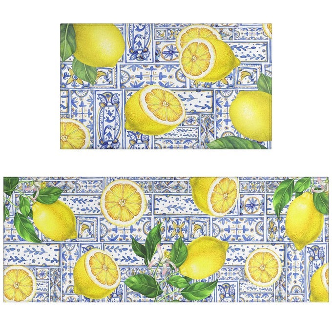 WATERCOLOR LEMON KITCHEN RUG MAT DECOR SUMMER KITCHEN RUGS SETS OF 2 NONSLIP WASHABLE KITCHEN MATS FOR FLOOR 2 PIECE LEMON RUGS DECORATIONS FOR KITCHEN