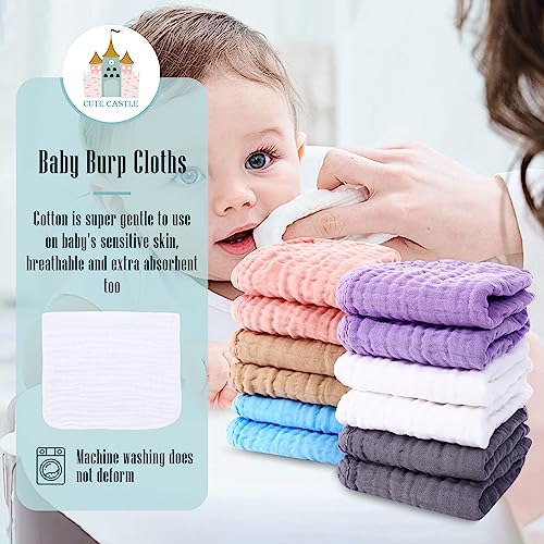Cute Castle 12 Pack Muslin Burp Cloths for Baby - Ultra-Soft 100% Cotton Baby Washcloths - Large 20'' by 10'' Super Absorbent Milk Spit Up Rags - Burpy Cloths for Unisex, Boy, Girl - Multicolor - Image 3
