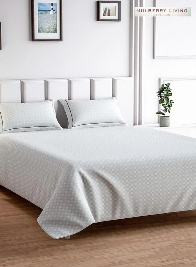 Mulberry Living 100% Cotton King Flat Bedsheet With 2 Pillow Covers - 300Tc Urban Grid - White