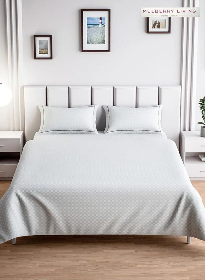 Mulberry Living 100% Cotton King Flat Bedsheet With 2 Pillow Covers - 300Tc Urban Grid - White