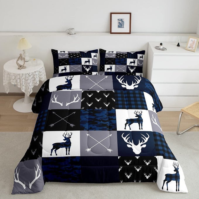 MANFEI CAMO DEER ANTLERS COMFORTER SET FULLGEOMETRIC PLAID PATCHWORK BEDDING 3PCS FOR KIDS TEENS GIRLS BOYS ROOM XMAS QUILT SETBLUE GREY DUVET INSERT WITH 2 PILLOWCASES WWS10843GYYBZ_USF