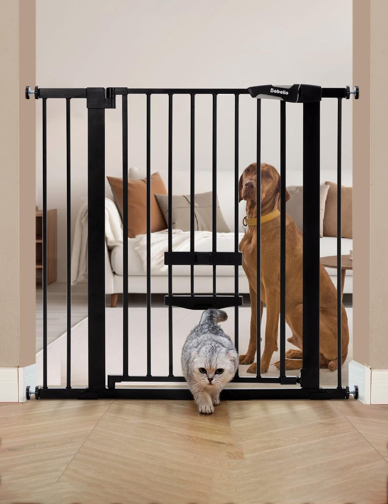 BABELIO 36 Inch Extra Tall Baby Gate with Cat Door29540 Metal Pet Door for StairsDoorwaysHouseAuto CloseEasy Walk ThruBlack