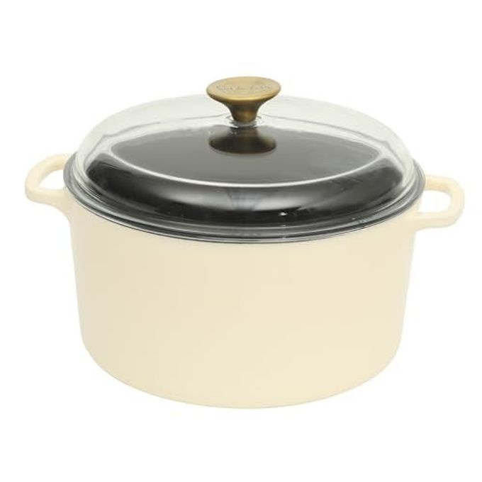 Sur La Table Kitchen Essential Supper Club 5-Quart Enamel-Coated Cast Iron Dutch Oven Pot with Oven Safe Glass Lid, Oven-to-Table Cookware for Bread, Soups, Stews & Braising - Eggshell White