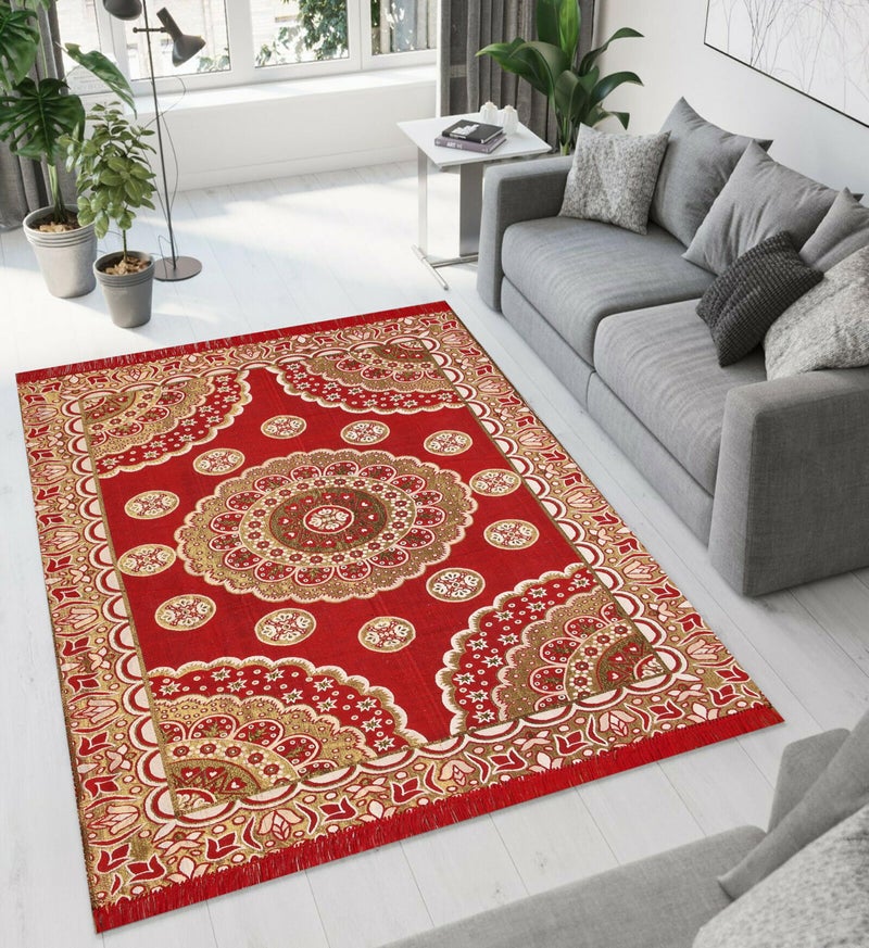 Purav Light Floral Design Cotton Carpet 5x7 feet for Living Room Bedroom Home Decor Carpets Mat (Red Color) - Image 5