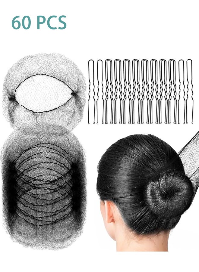 Generic Black Hair Nets 60Pcs Hair Nets Invisible 60Pcs U Shaped Pins For Food Service, Bun Making, Ballet, and Versatile Hairstyling  - Image 1
