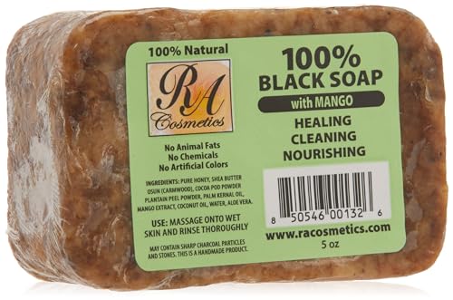RA Cosmetics 100% Natural African Black Soap, Mango Scent, 5 oz, 141g - Image 1