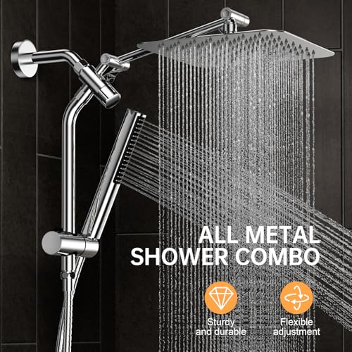 Veken Shower Head, 10'' All Metal Rain Shower Heads with Handheld Spray Combo, Hand Held Bathroom Combo with Extension Arm, Dual shower with Power Wash, Adjustable Rainfall Showerhead, Chrome - Image 2