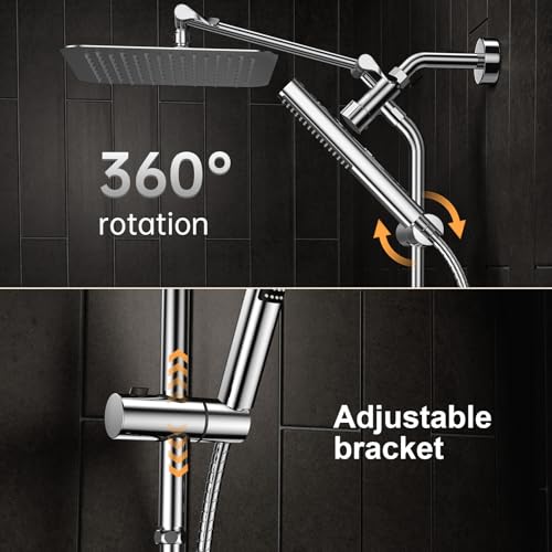 Veken Shower Head, 10'' All Metal Rain Shower Heads with Handheld Spray Combo, Hand Held Bathroom Combo with Extension Arm, Dual shower with Power Wash, Adjustable Rainfall Showerhead, Chrome - Image 3