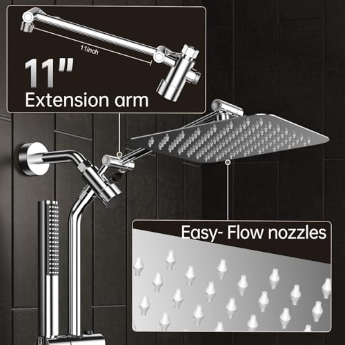 Veken Shower Head, 10'' All Metal Rain Shower Heads with Handheld Spray Combo, Hand Held Bathroom Combo with Extension Arm, Dual shower with Power Wash, Adjustable Rainfall Showerhead, Chrome - Image 4