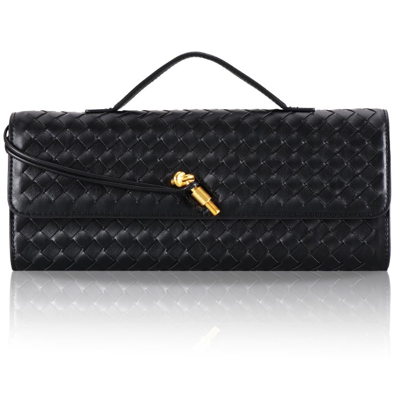 EGCUQ Pu Leather Woven Bag Purse,Black Clutch, Woven Evening Bag For Women 11.8" x 1.7" x 4.9" (Black) - Image 1