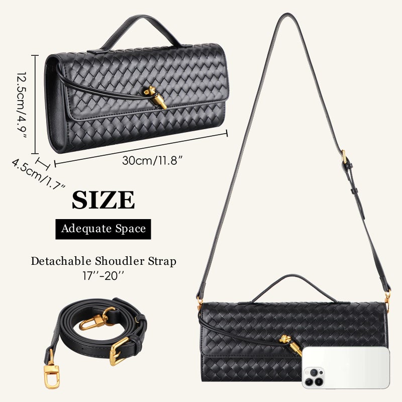 EGCUQ Pu Leather Woven Bag Purse,Black Clutch, Woven Evening Bag For Women 11.8" x 1.7" x 4.9" (Black) - Image 4