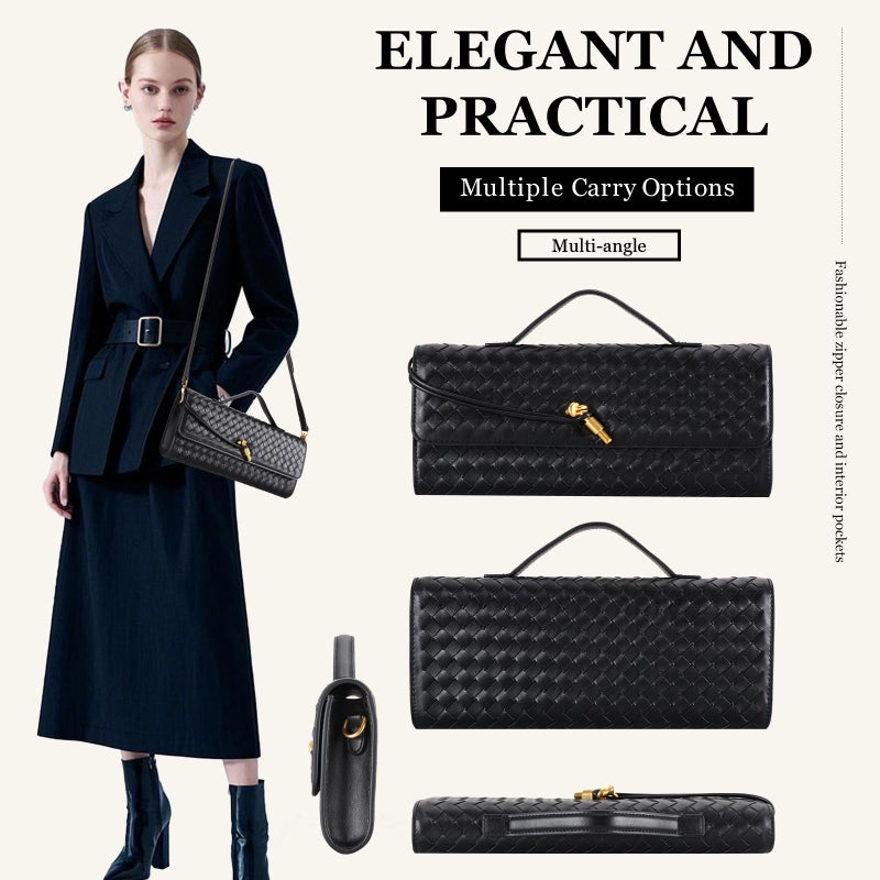 EGCUQ Pu Leather Woven Bag Purse,Black Clutch, Woven Evening Bag For Women 11.8" x 1.7" x 4.9" (Black) - Image 5