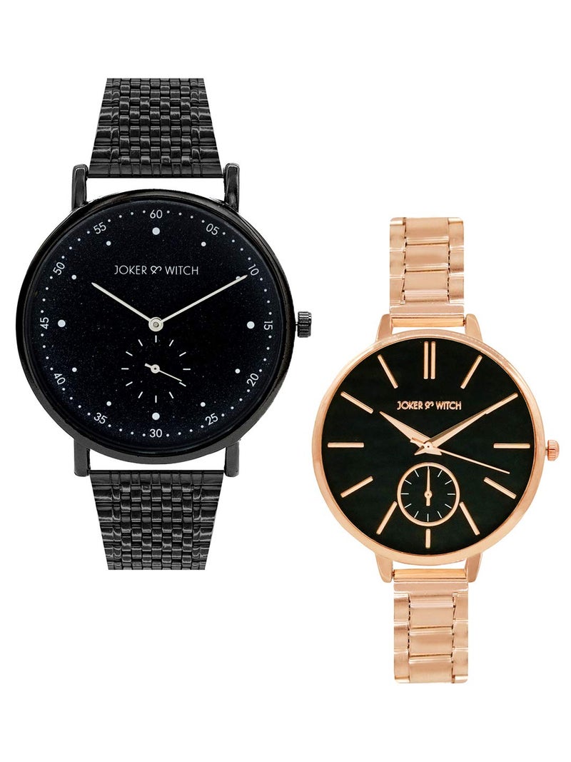 Joker & Witch Mark & Bridget Couple Watch Gift Set For Men And Women, Analog, Black, Rose Gold - Image 1