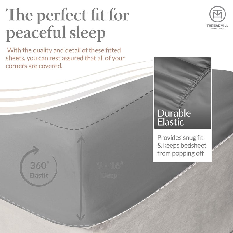 Threadmill 100% Cotton Sheets for King Size Bed | 4 Pc King Bed Sheets Set | Soft, Breathable Lightweight Solid Sateen for All-Season Use | Snug Fit Elastic Deep Pocket King Sheets | Dark Grey - Image 3